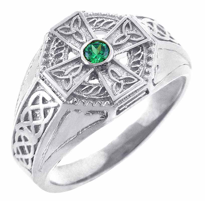 Celtic Ring - Men's White Gold Celtic Cross Ring with Emerald Stone ...