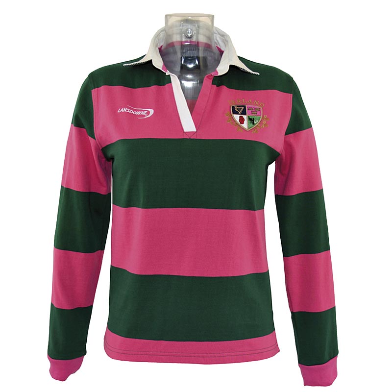 Irish Rugby Shirt - Ladies Green and Raspberry Striped 4 Province Rugby ...
