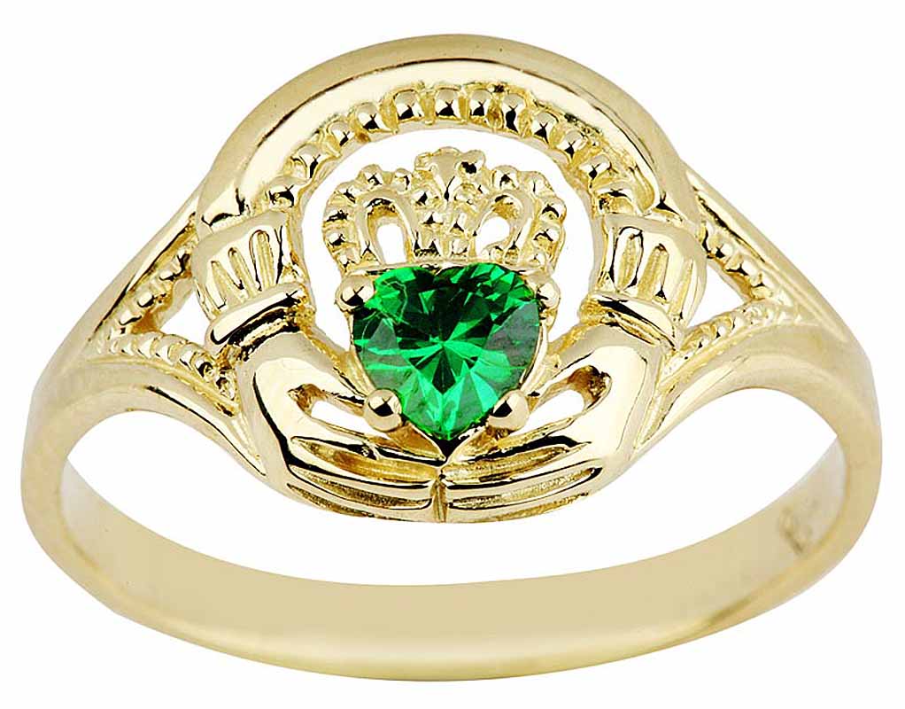 Claddagh Ring - Ladies Yellow Gold Claddagh Ring with Emerald at ...