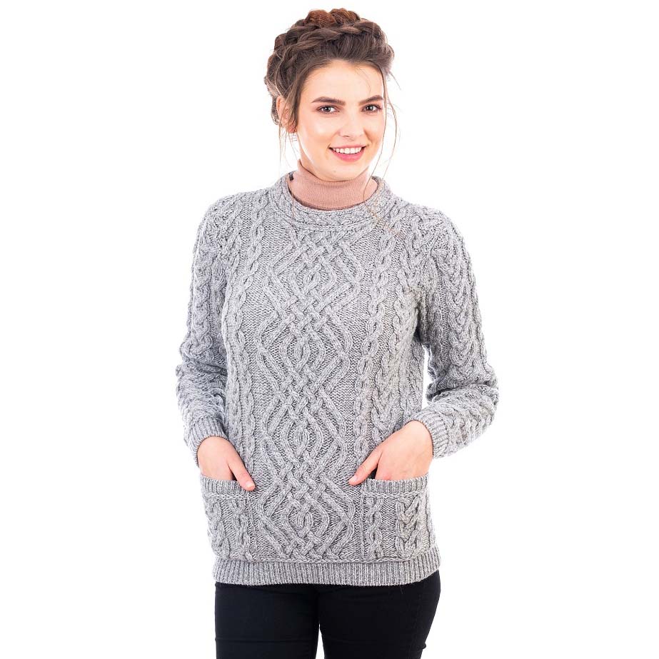 Irish Sweater | Aran Cable Knit Merino Wool Crew Ladies Sweater at ...