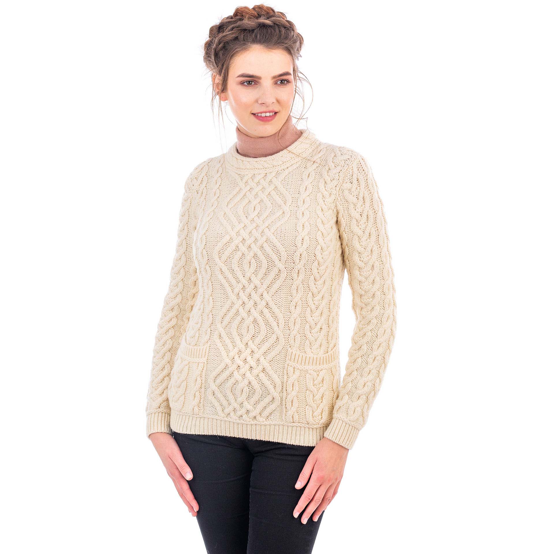 Irish Sweater, Aran Cable Knit Merino Wool Crew Ladies Sweater at