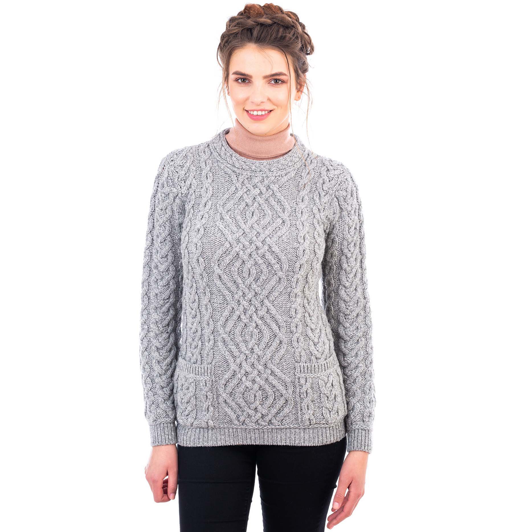 Irish Sweater  Aran Cable Knit Merino Wool Crew Ladies Sweater at