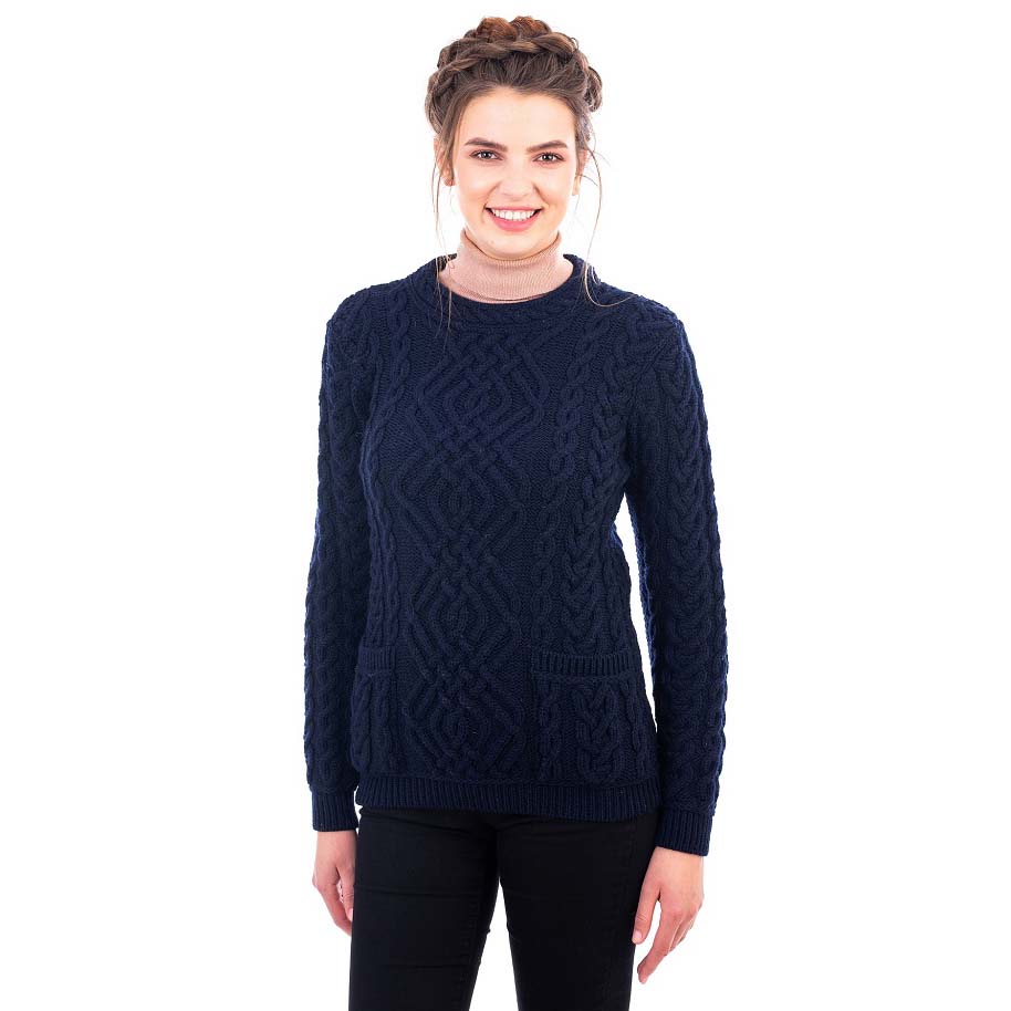 Irish Sweater | Aran Cable Knit Merino Wool Crew Ladies Sweater at ...