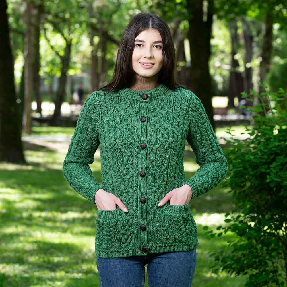 Irish Cardigan, Merino Wool Aran Knit Ladies Button Cardigan at