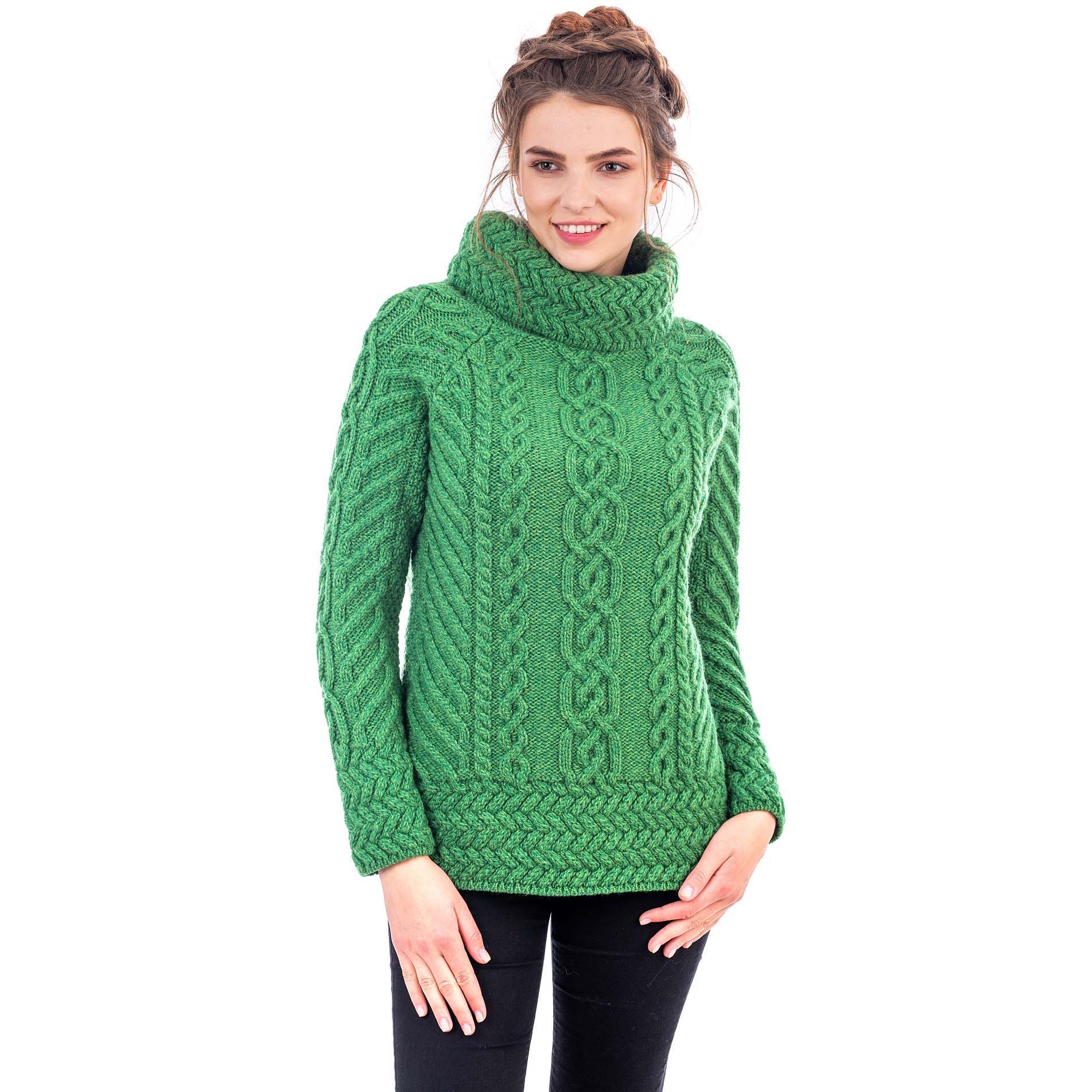 Irish Sweater, Merino Wool Aran Knit Cowl Neck Ladies Sweater at