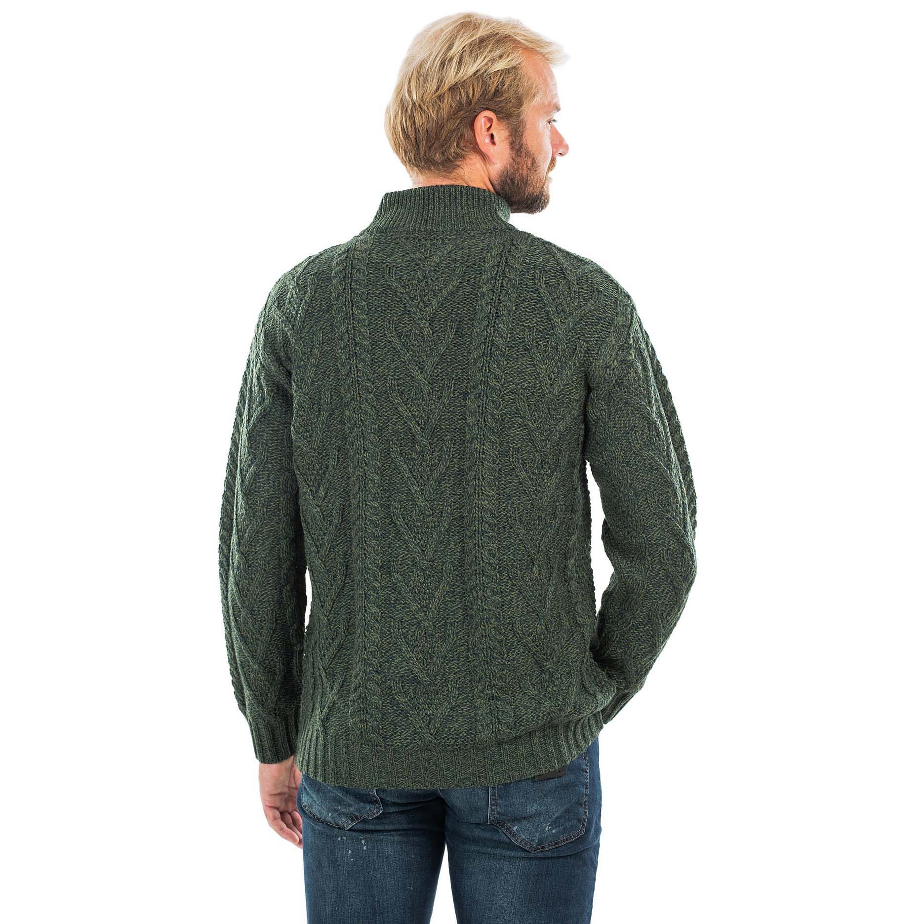 Irish Sweater, Merino Wool Aran Knit Zip Neck Fisherman Mens Sweater at