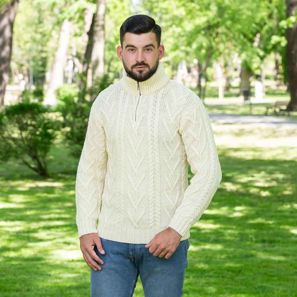 Men's Half-Zip Aran Fisherman Sweater - Natural, Medium | Saol