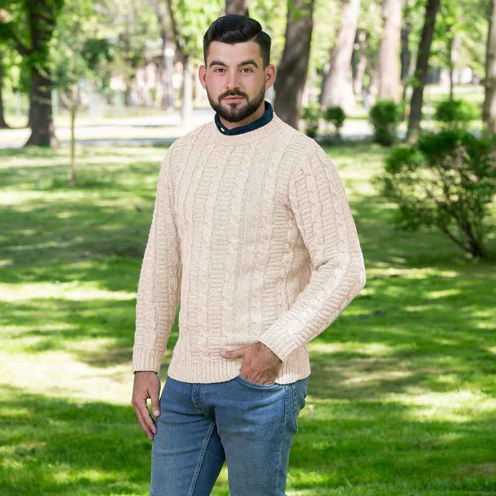 Saol Men's Crew Neck Soft Wool Blend Knit Irish Aran Sweater Pullover