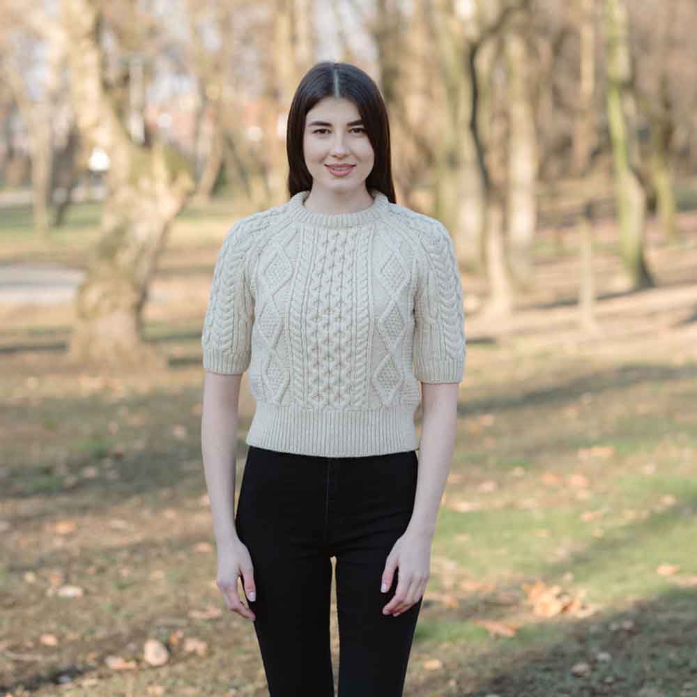 Product image for Irish Sweater | Ladies Cable Knit Short Sleeve Aran Sweater