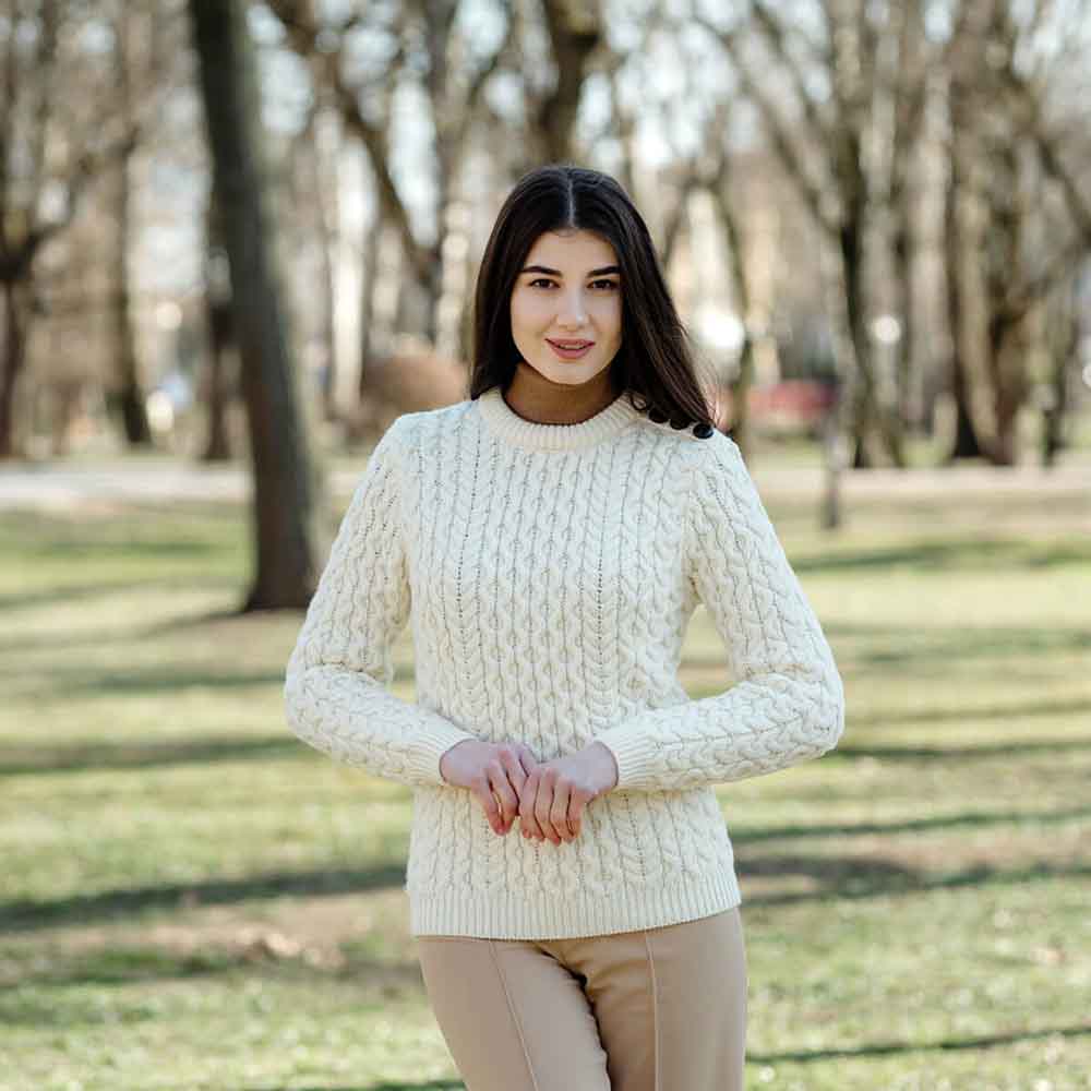 Irish Sweater | Ladies Side Button Aran Knit Sweater