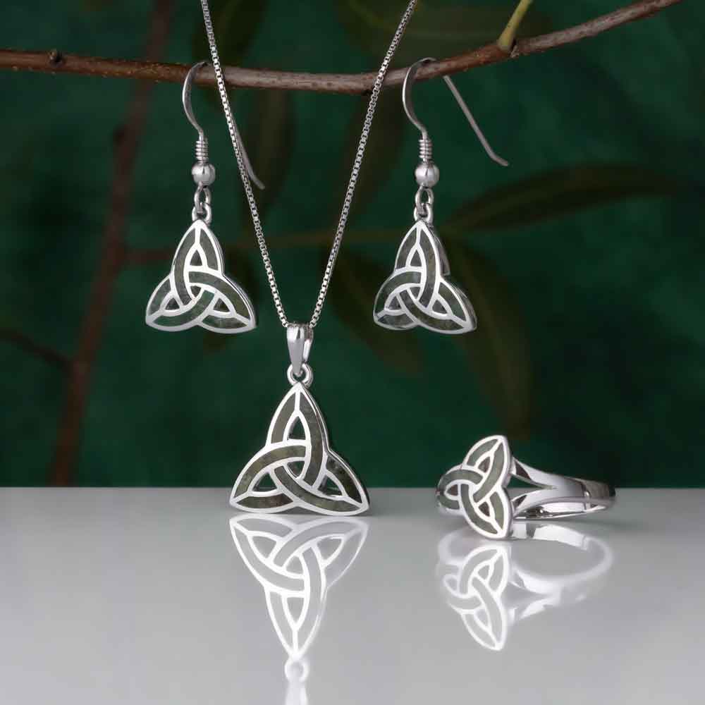 Irish Necklace | Sterling Silver Connemara Marble Trinity Trio Celtic Tree of Life Pendant