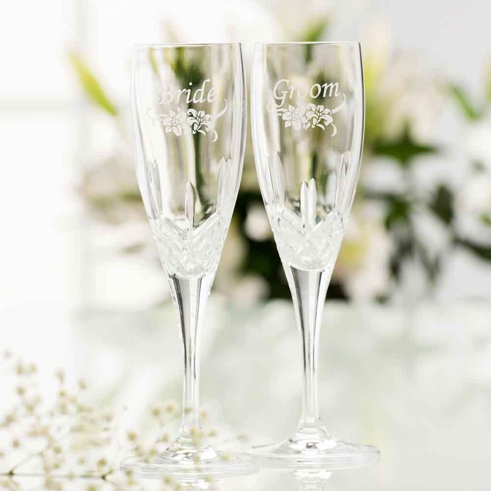 Galway Irish Crystal | Bride & Groom Flute Floral Spray Pair