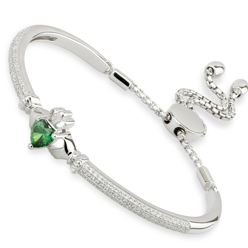 Irish Bracelet Sterling Silver Green Crystal Draw String Claddagh Bangle At