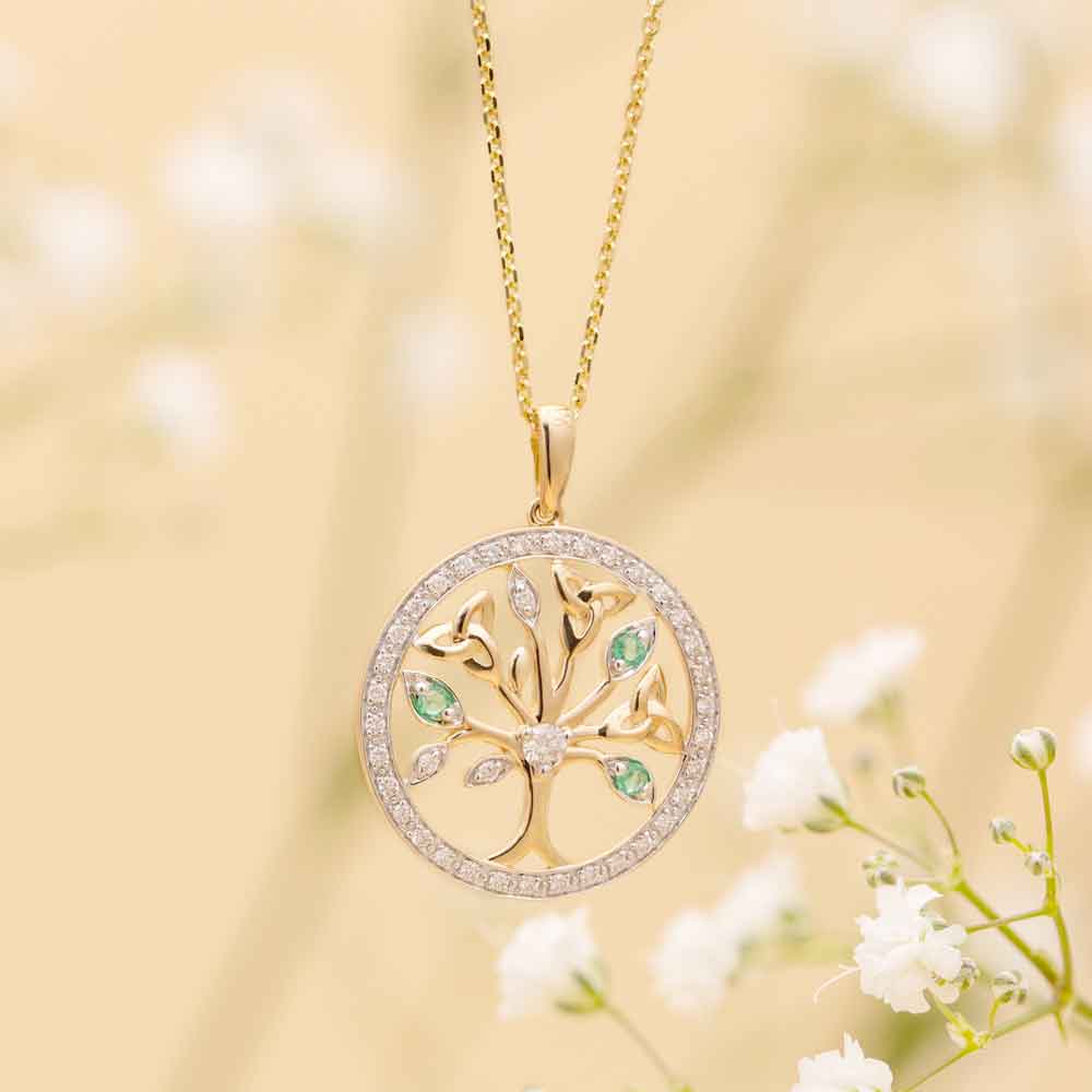 Irish Necklace | 14k Gold Diamond and Emerald Circle Celtic Tree of Life  Pendant at IrishShop.com | IJSV46785