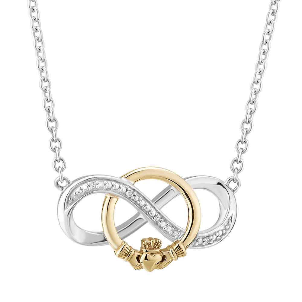 Irish Necklace, 10k Gold & Sterling Silver Diamond Infinity Claddagh  Necklet at