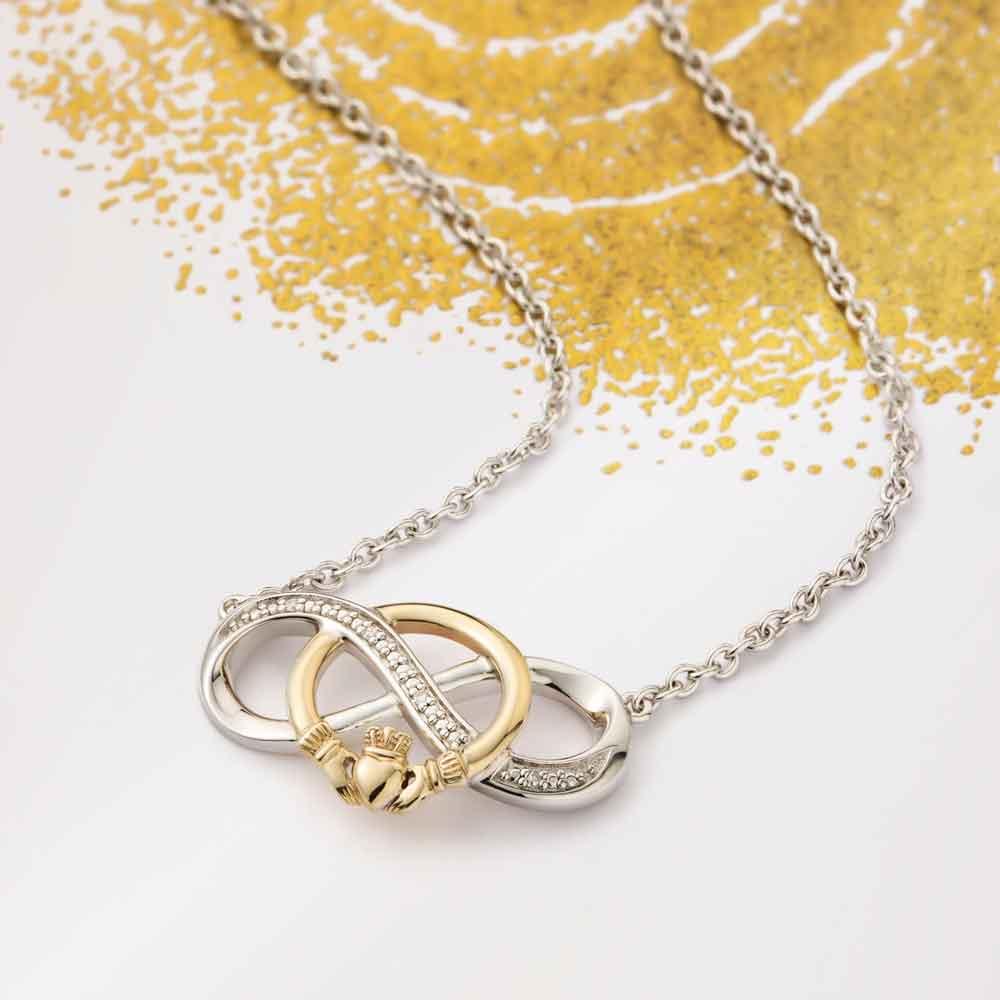 Irish Necklace, 10k Gold & Sterling Silver Diamond Infinity Claddagh  Necklet at