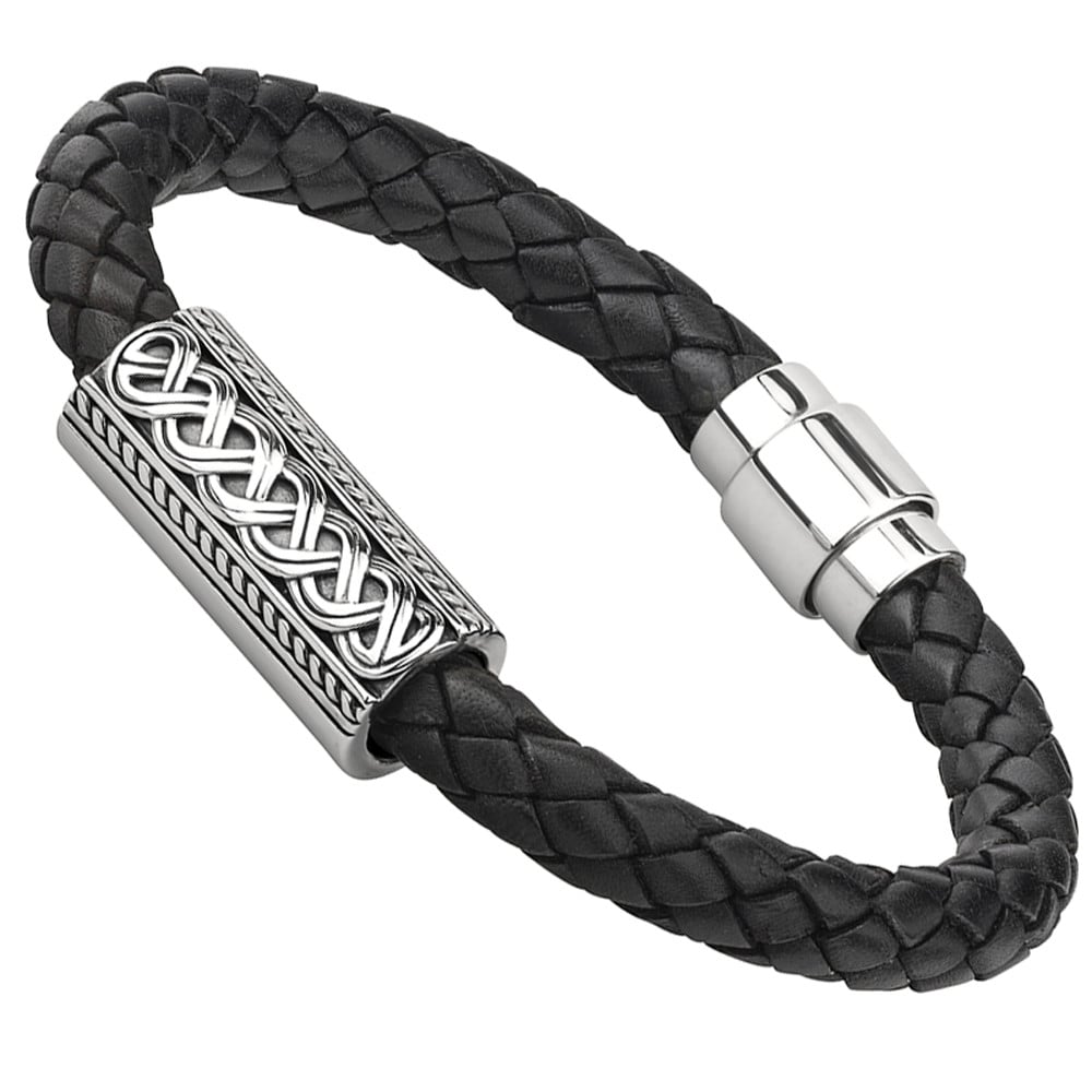 Ijsv50041 Mens Irish Jewelry Leather Sterling Silver Celtic Knot Bracelet 