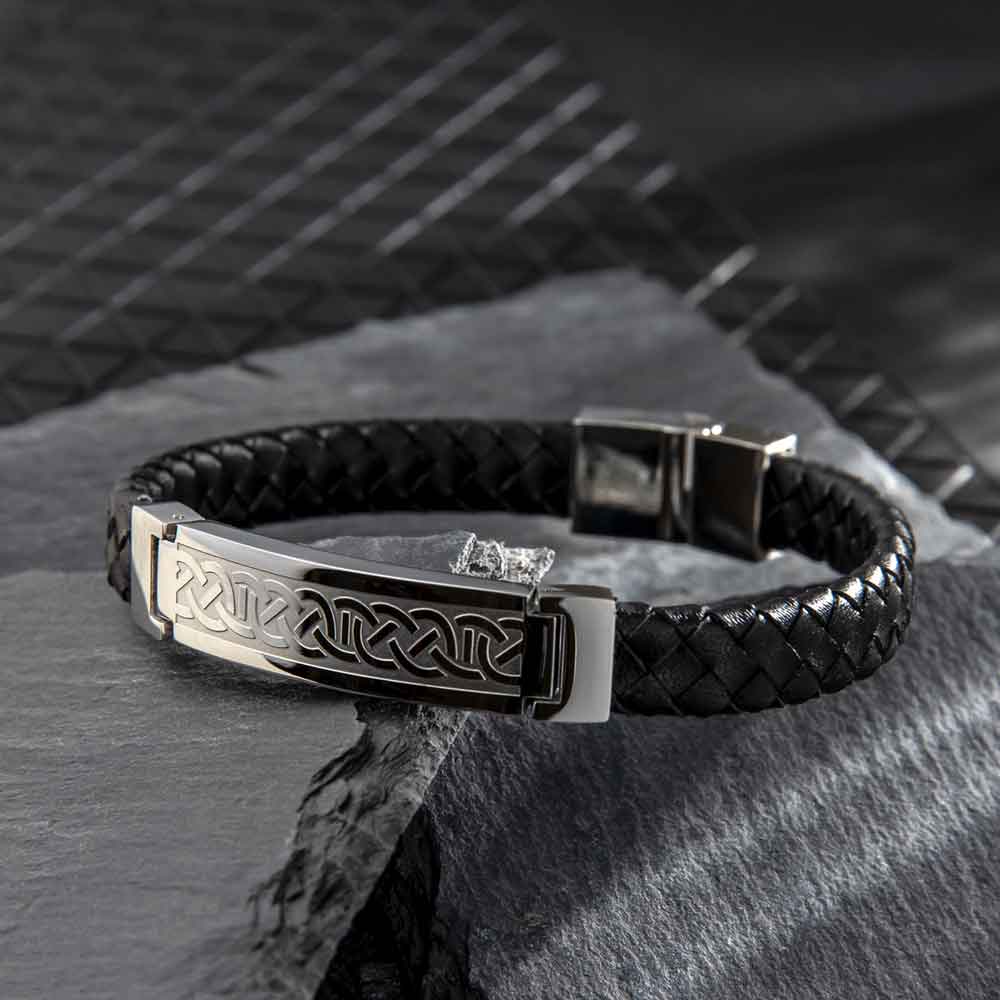 Men's Black Leather and Black Stainless Steel Bracelet