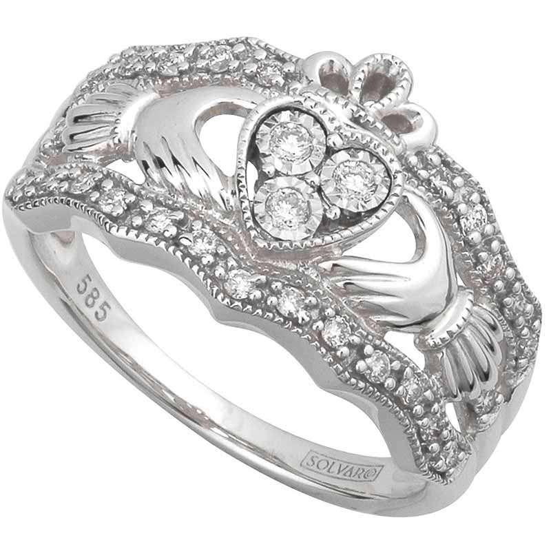 14K Yellow or White Gold Diamond Heart Claddagh Ring