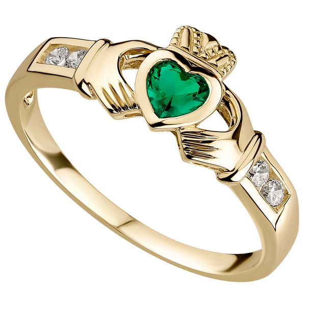 Claddagh Ring - Ladies 10k Gold with Green Stone and CZ Claddagh at ...