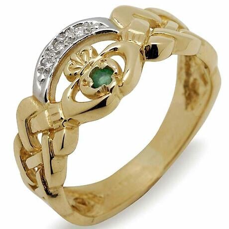 Irish Wedding Ring - 10k Gold Ladies Celtic Band with CZ and Emerald ...
