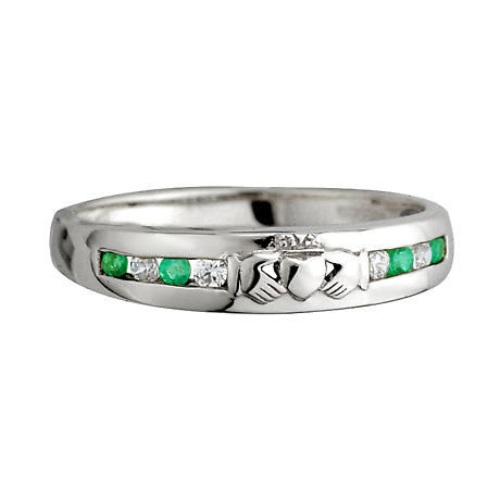 Claddagh Ring - Ladies 14k White Gold with 8 Diamonds and Emerald ...